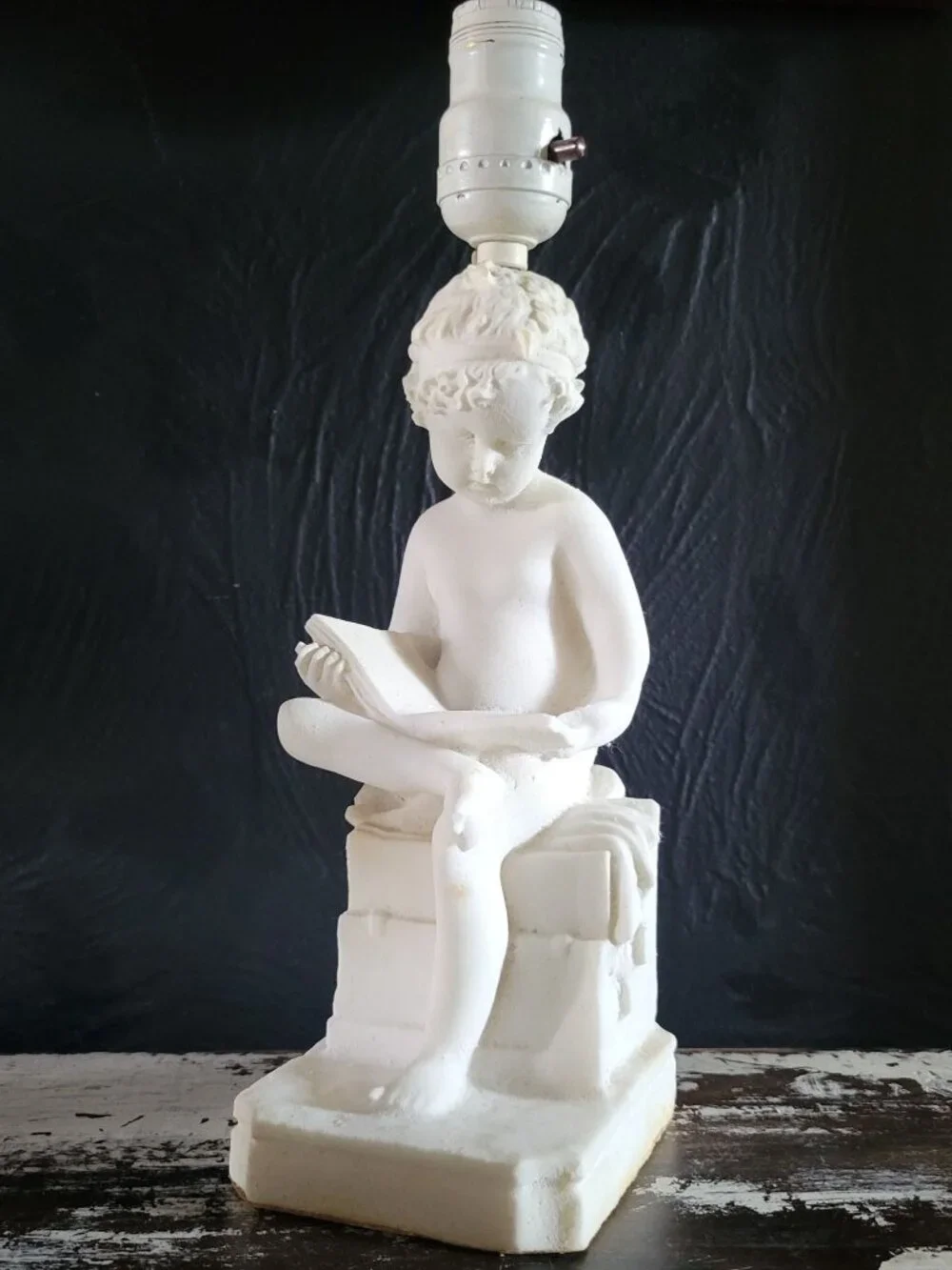 Vintage White Alabaster Sculpture Lamp Of Child Scribe After Canova 12.5 Inches